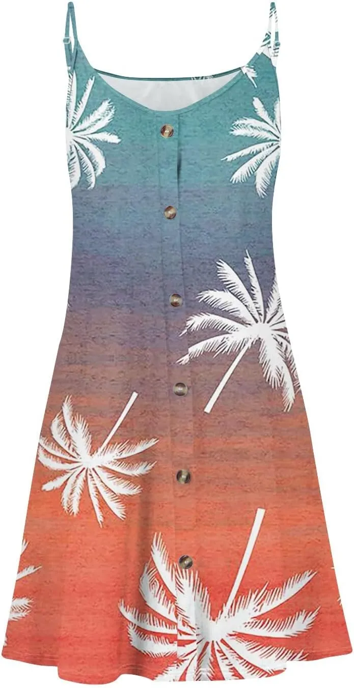 Summer Dress for Women Casual Boho Spaghetti Strap Dresses Floral Print V Neck Button Tank Dresses with Pockets