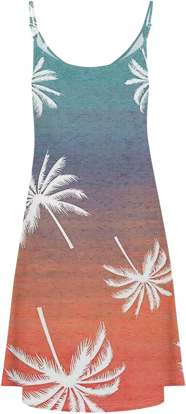 Summer Dress for Women Casual Boho Spaghetti Strap Dresses Floral Print V Neck Button Tank Dresses with Pockets