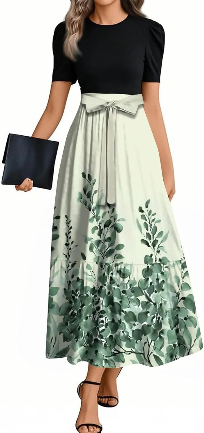 Summer Dress for Women Short Sleeve Elegant Floral High Waist Splicing Belted Flowy Maxi Wedding Guest Patchwork Dress
