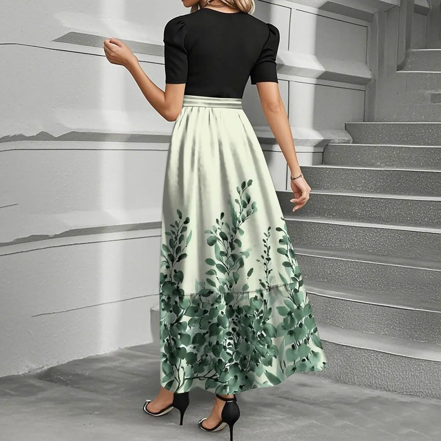 Summer Dress for Women Short Sleeve Elegant Floral High Waist Splicing Belted Flowy Maxi Wedding Guest Patchwork Dress