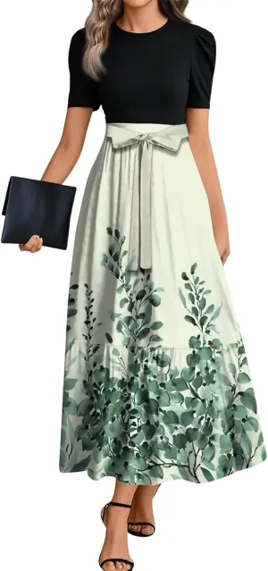 Summer Dress for Women Short Sleeve Elegant Floral High Waist Splicing Belted Flowy Maxi Wedding Guest Patchwork Dress