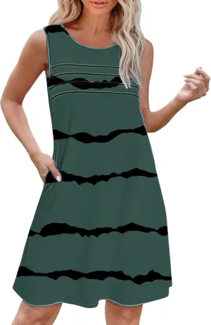 Summer Dress Short Womens with Pockets Summer Casual Tank Dress Sleeveless Midi Beach Dress Women's Linen Dress