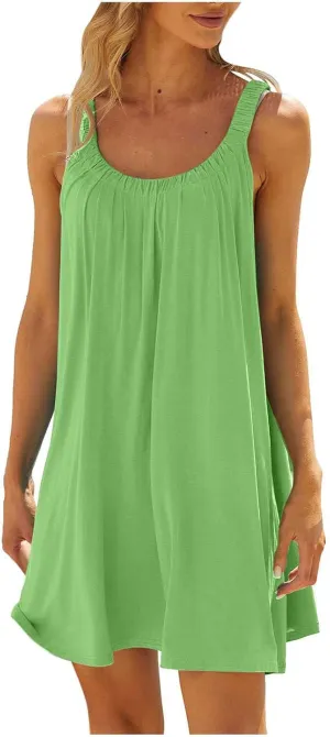 Summer Dresses for Women 2024 Fashion Casual Beach Pleated Tank Dress Sleeveless Crewneck Flowy Shift Sundress