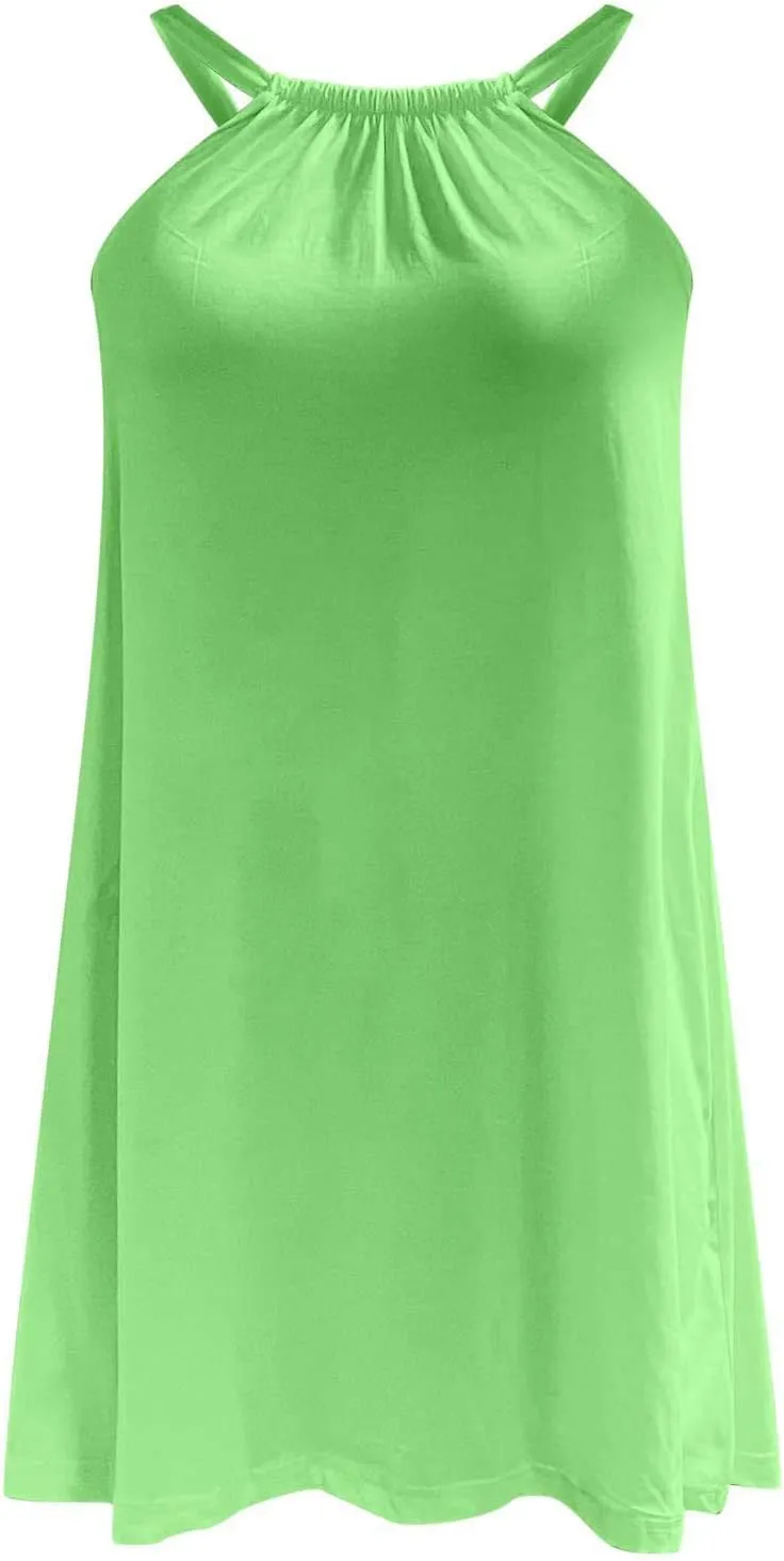 Summer Dresses for Women 2024 Fashion Casual Beach Pleated Tank Dress Sleeveless Crewneck Flowy Shift Sundress