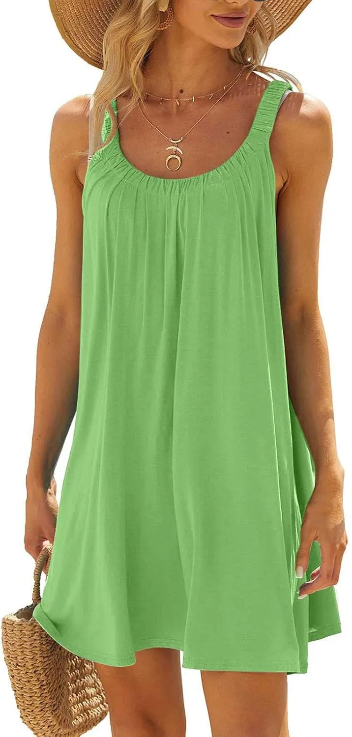 Summer Dresses for Women 2024 Fashion Casual Beach Pleated Tank Dress Sleeveless Crewneck Flowy Shift Sundress
