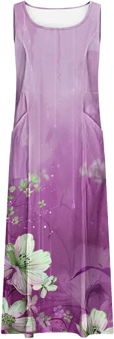 Summer Dresses for Women 2024 Sleeveless Floral Printed Midi Dress Spring Casual Dress Shift Dress Beach Dress
