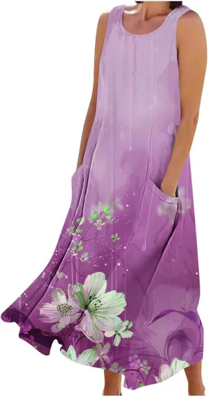 Summer Dresses for Women 2024 Sleeveless Floral Printed Midi Dress Spring Casual Dress Shift Dress Beach Dress