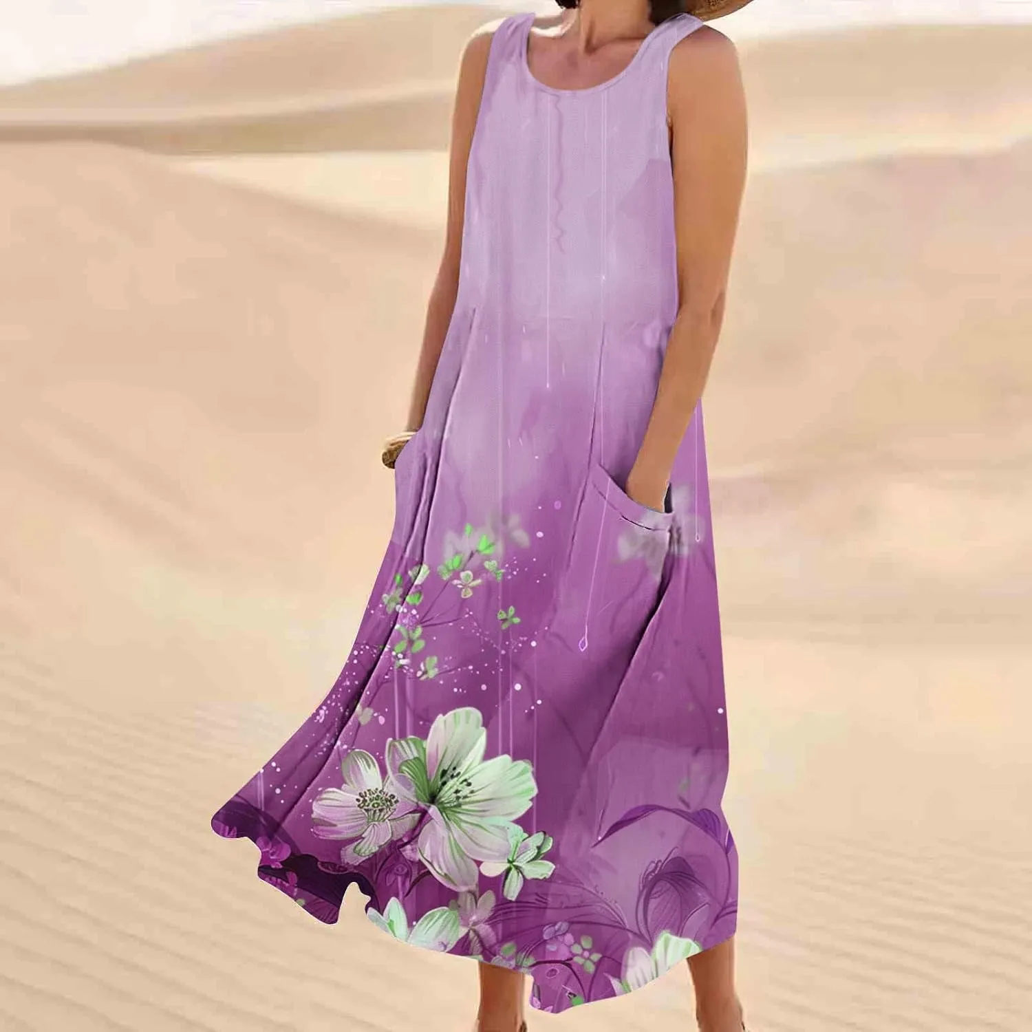 Summer Dresses for Women 2024 Sleeveless Floral Printed Midi Dress Spring Casual Dress Shift Dress Beach Dress