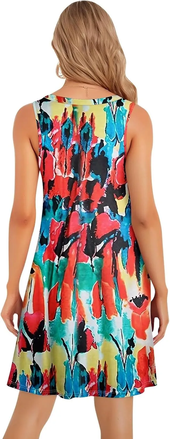 Summer Dresses for Women 2025 Beach Casual U Neck Sleeveless Fashion Floral Print Tank Loose Sundress