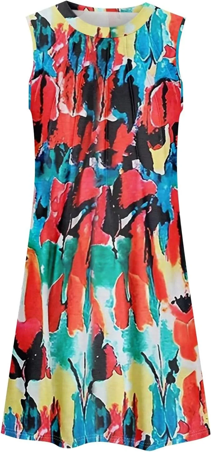 Summer Dresses for Women 2025 Beach Casual U Neck Sleeveless Fashion Floral Print Tank Loose Sundress