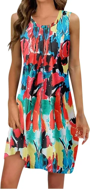 Summer Dresses for Women 2025 Beach Casual U Neck Sleeveless Fashion Floral Print Tank Loose Sundress