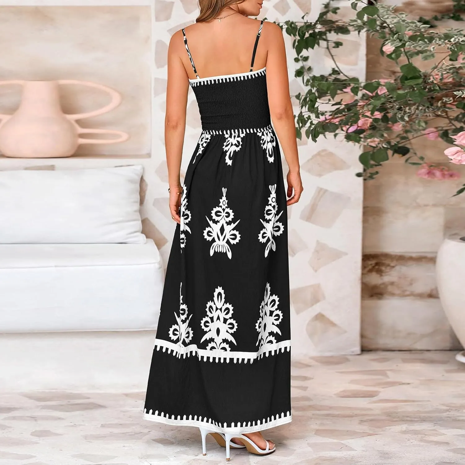 Summer Dresses for Women 2025 Boho Maxi Dress Beach Vacation Casual Smocked A Line Sundress with Pockets