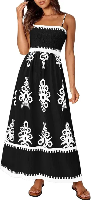 Summer Dresses for Women 2025 Boho Maxi Dress Beach Vacation Casual Smocked A Line Sundress with Pockets