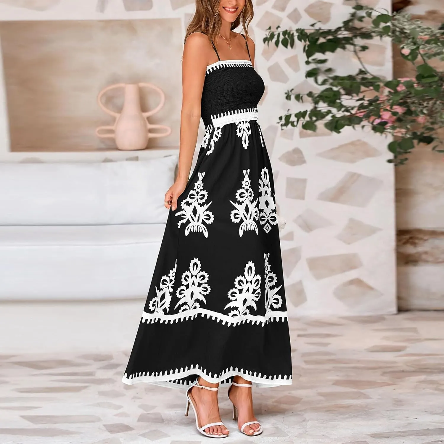 Summer Dresses for Women 2025 Boho Maxi Dress Beach Vacation Casual Smocked A Line Sundress with Pockets