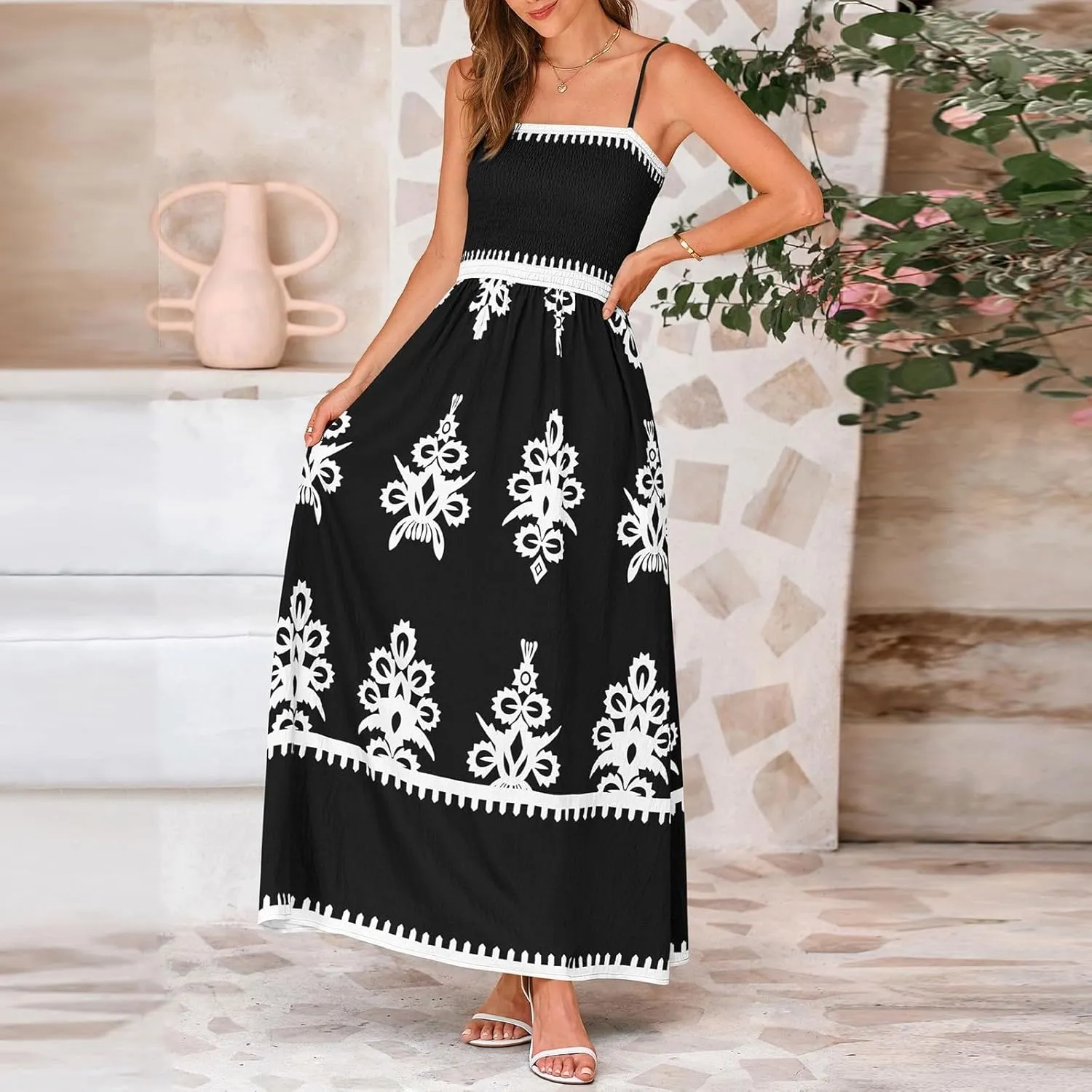 Summer Dresses for Women 2025 Boho Maxi Dress Beach Vacation Casual Smocked A Line Sundress with Pockets