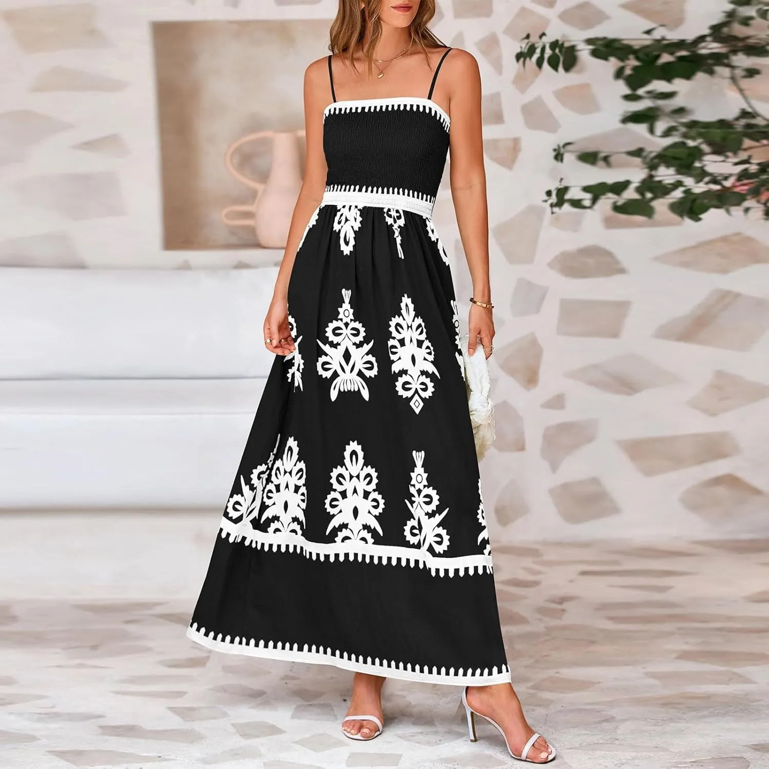 Summer Dresses for Women 2025 Boho Maxi Dress Beach Vacation Casual Smocked A Line Sundress with Pockets