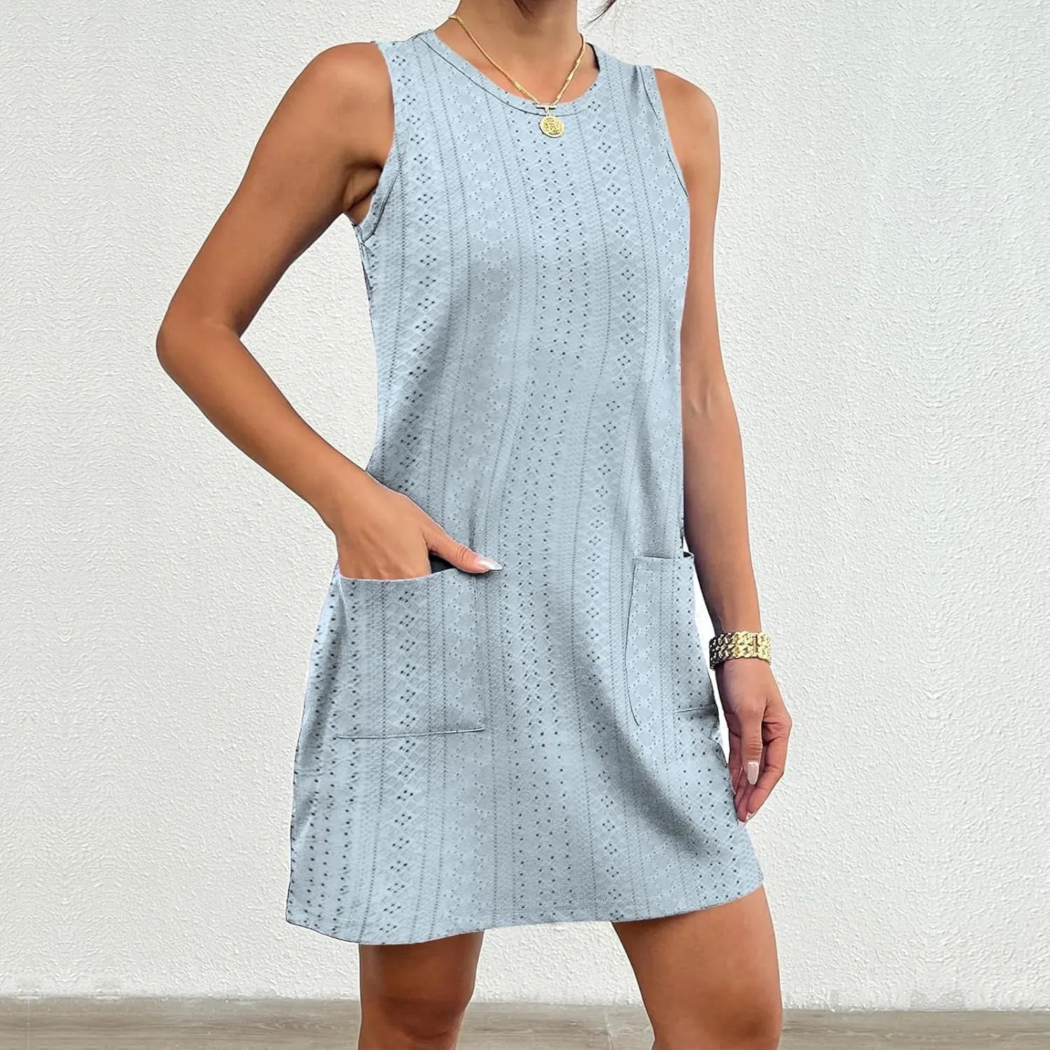 Summer Dresses for Women 2025 Eyelet Sleeveless Crewneck Tank Dress with Pocket Loose Fit Lightweight Dress