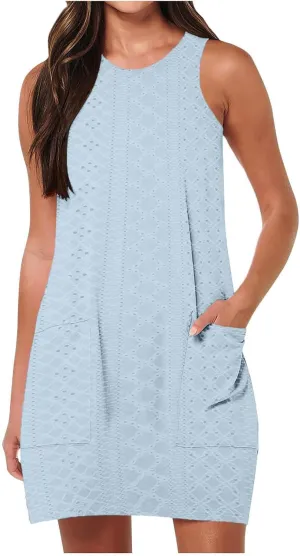 Summer Dresses for Women 2025 Eyelet Sleeveless Crewneck Tank Dress with Pocket Loose Fit Lightweight Dress