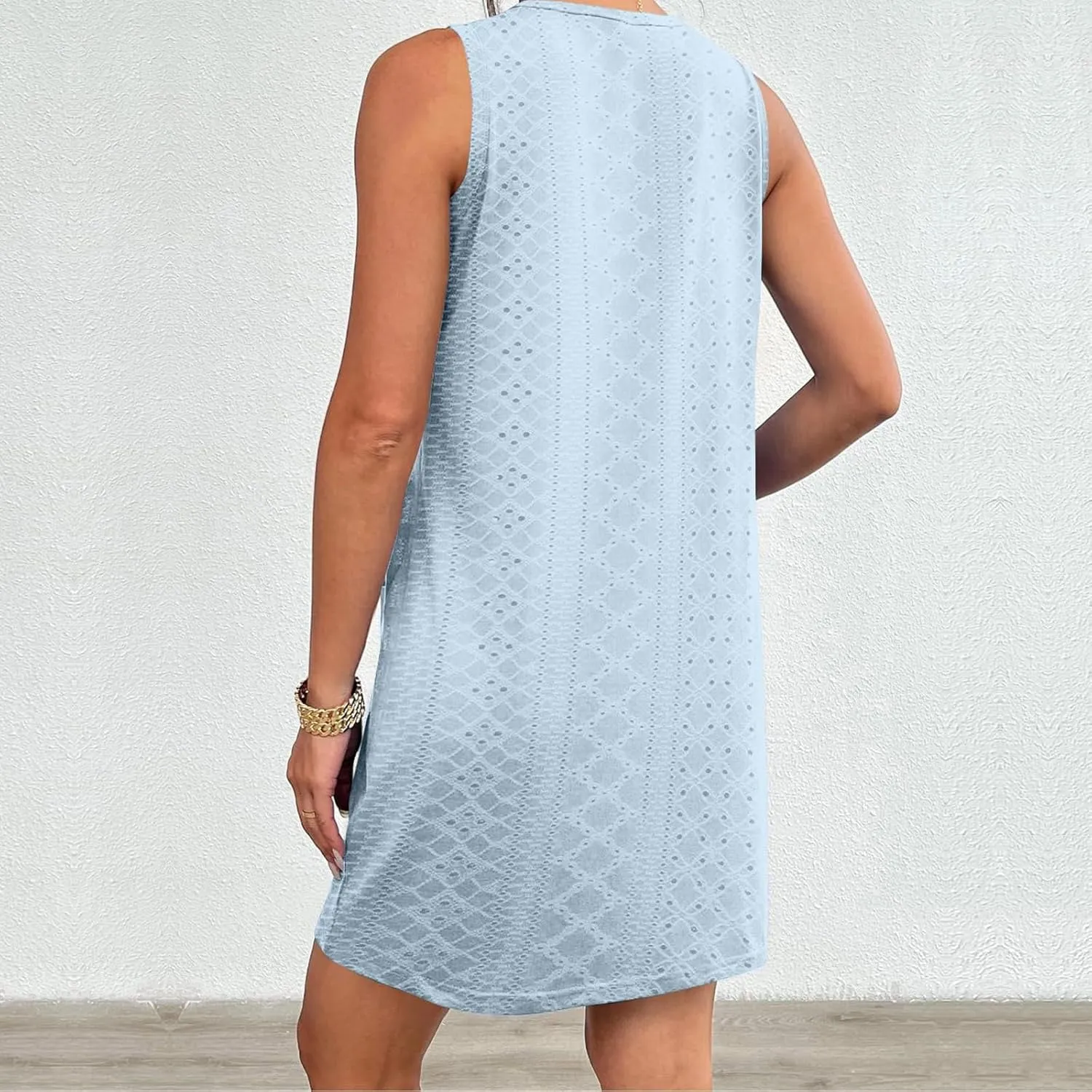 Summer Dresses for Women 2025 Eyelet Sleeveless Crewneck Tank Dress with Pocket Loose Fit Lightweight Dress