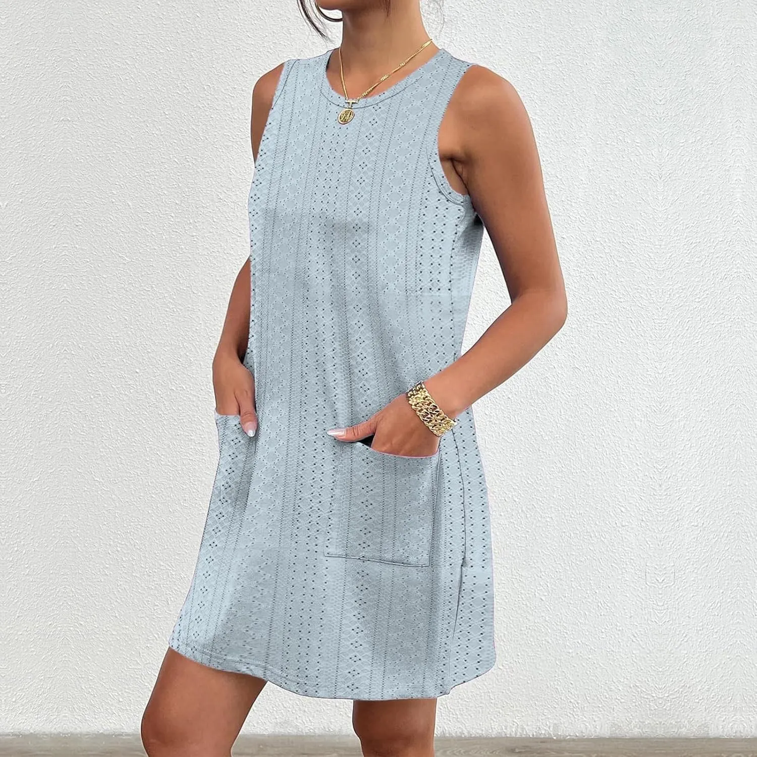 Summer Dresses for Women 2025 Eyelet Sleeveless Crewneck Tank Dress with Pocket Loose Fit Lightweight Dress