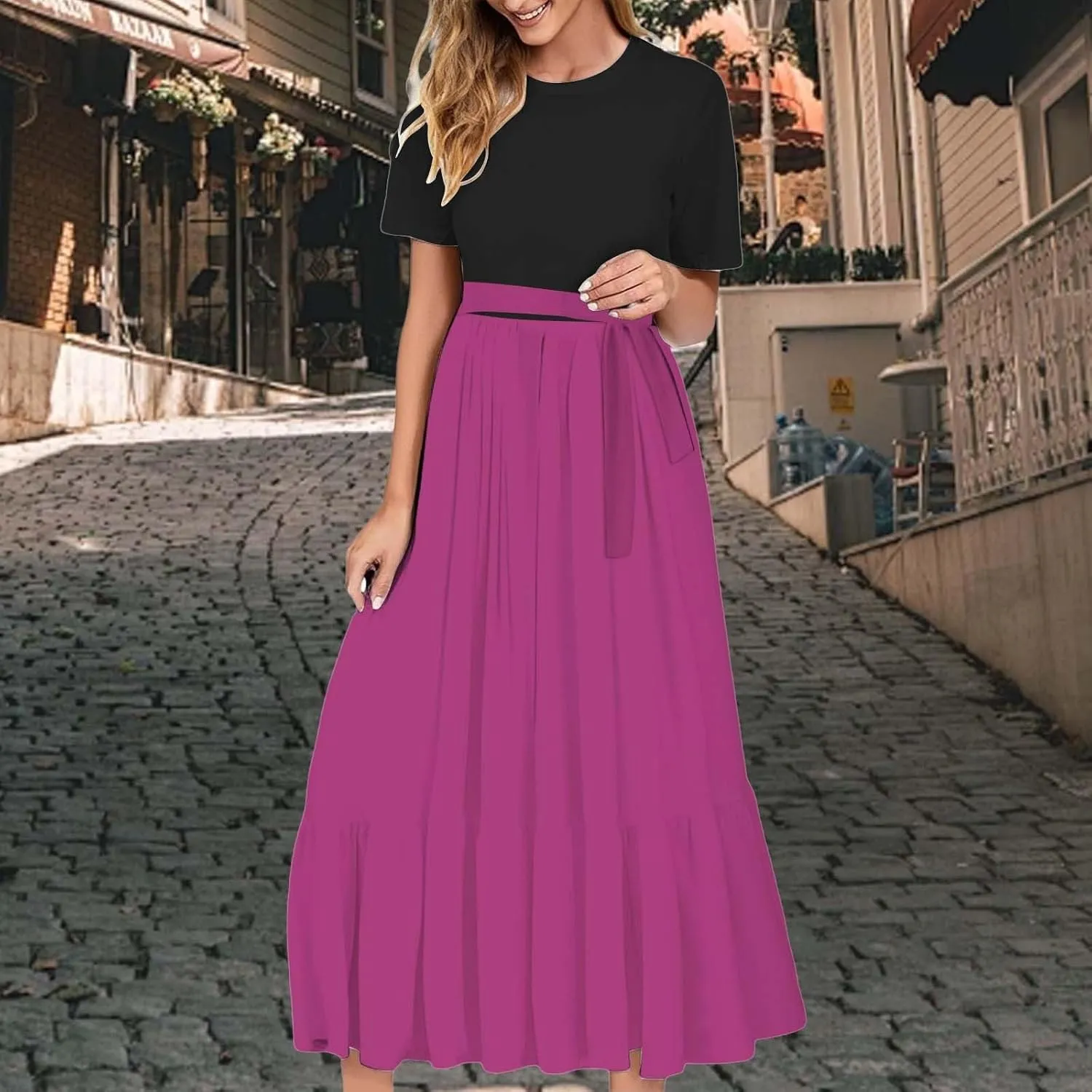 Summer Dresses for Women 2025 Floral Print Wrap Short Bell Sleeve Patchwork Three Layer Ruffle Hem A Line Maxi Dress