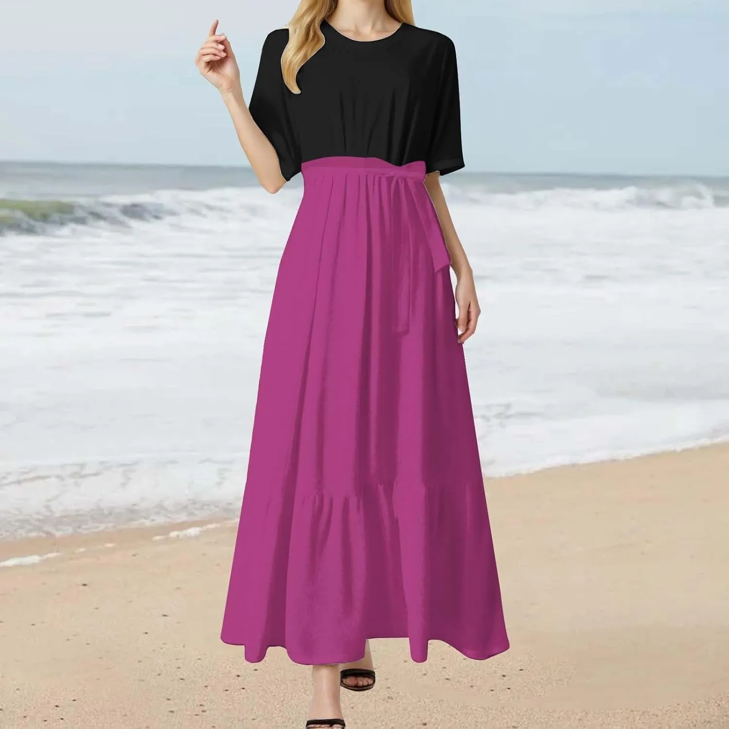Summer Dresses for Women 2025 Floral Print Wrap Short Bell Sleeve Patchwork Three Layer Ruffle Hem A Line Maxi Dress