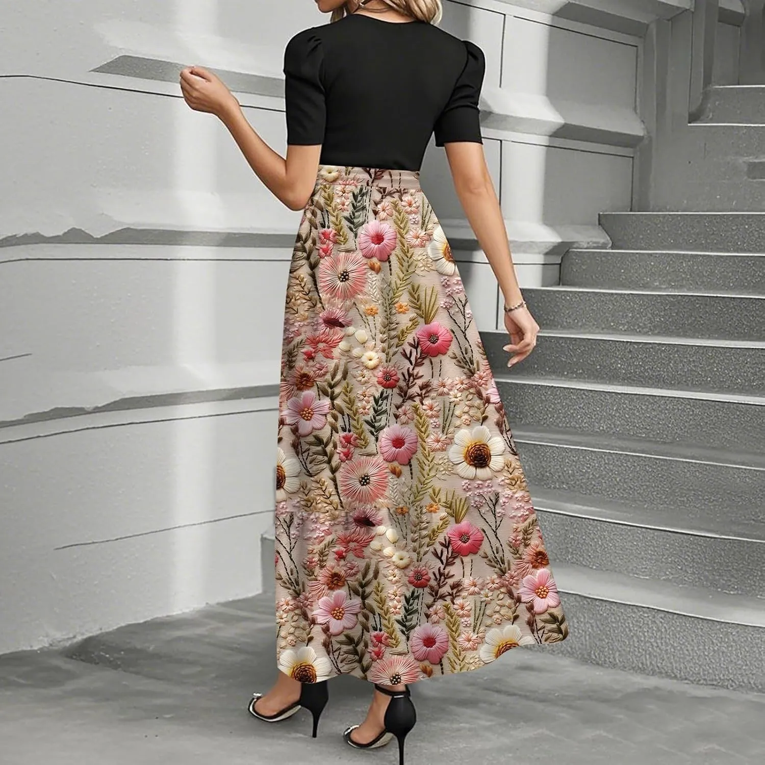 Summer Dresses for Women 2025 Floral Print Wrap Short Sleeve Maxi Dress Patchwork Ruffle Hem A Line Dress Elegant Sundress