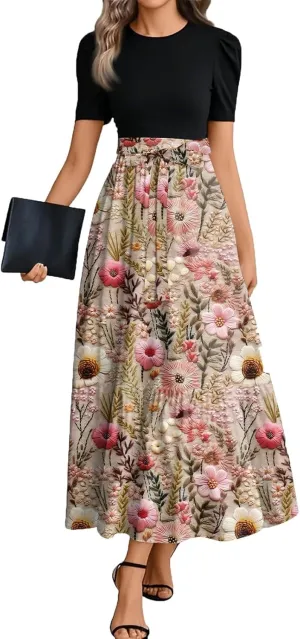 Summer Dresses for Women 2025 Floral Print Wrap Short Sleeve Maxi Dress Patchwork Ruffle Hem A Line Dress Elegant Sundress