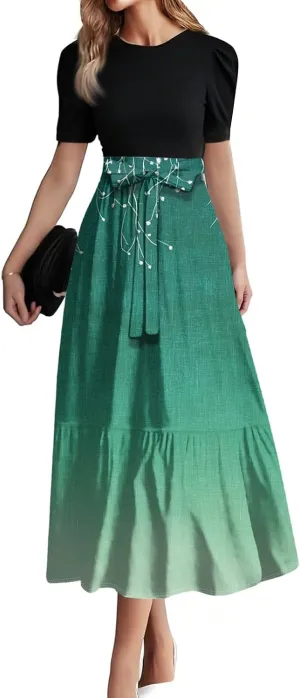 Summer Dresses for Women- 2025 Floral Print Wrap Short Sleeve Maxi Dress Patchwork Ruffle Hem A Line Dress