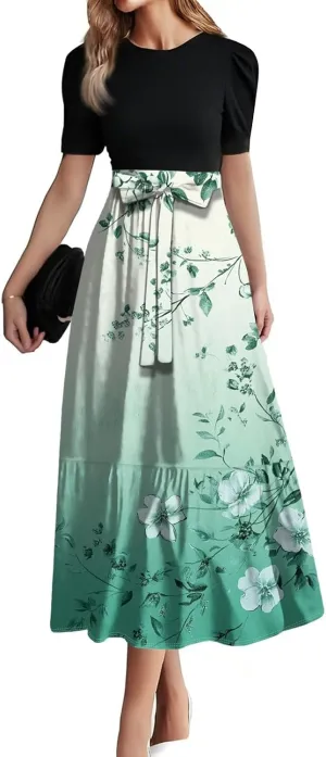 Summer Dresses for Women- 2025 Floral Print Wrap Short Sleeve Maxi Dress Patchwork Ruffle Hem A Line Dress