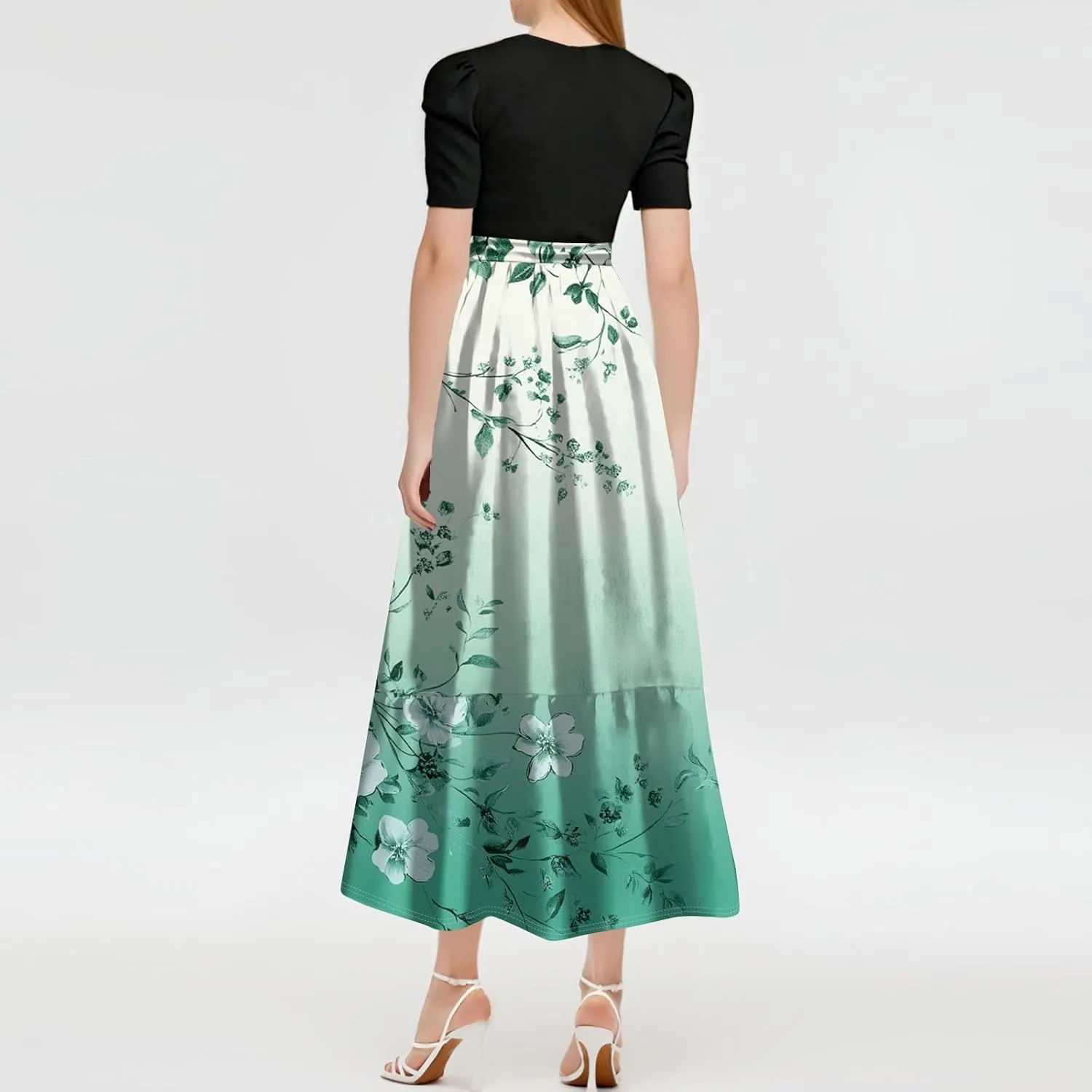 Summer Dresses for Women- 2025 Floral Print Wrap Short Sleeve Maxi Dress Patchwork Ruffle Hem A Line Dress