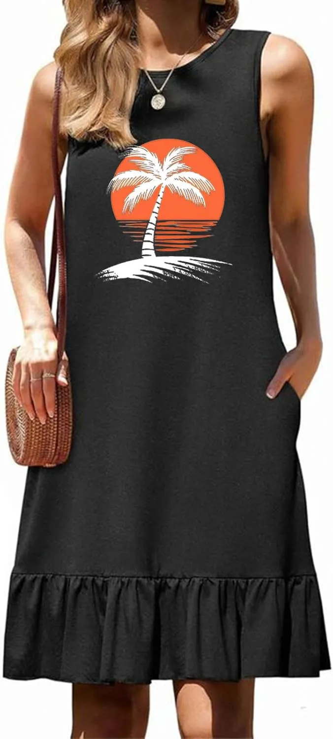 Summer Dresses for Women 2025 Sleeveless Crewneck Flowy Short Dress Trendy Graphic Loose Fit Dress