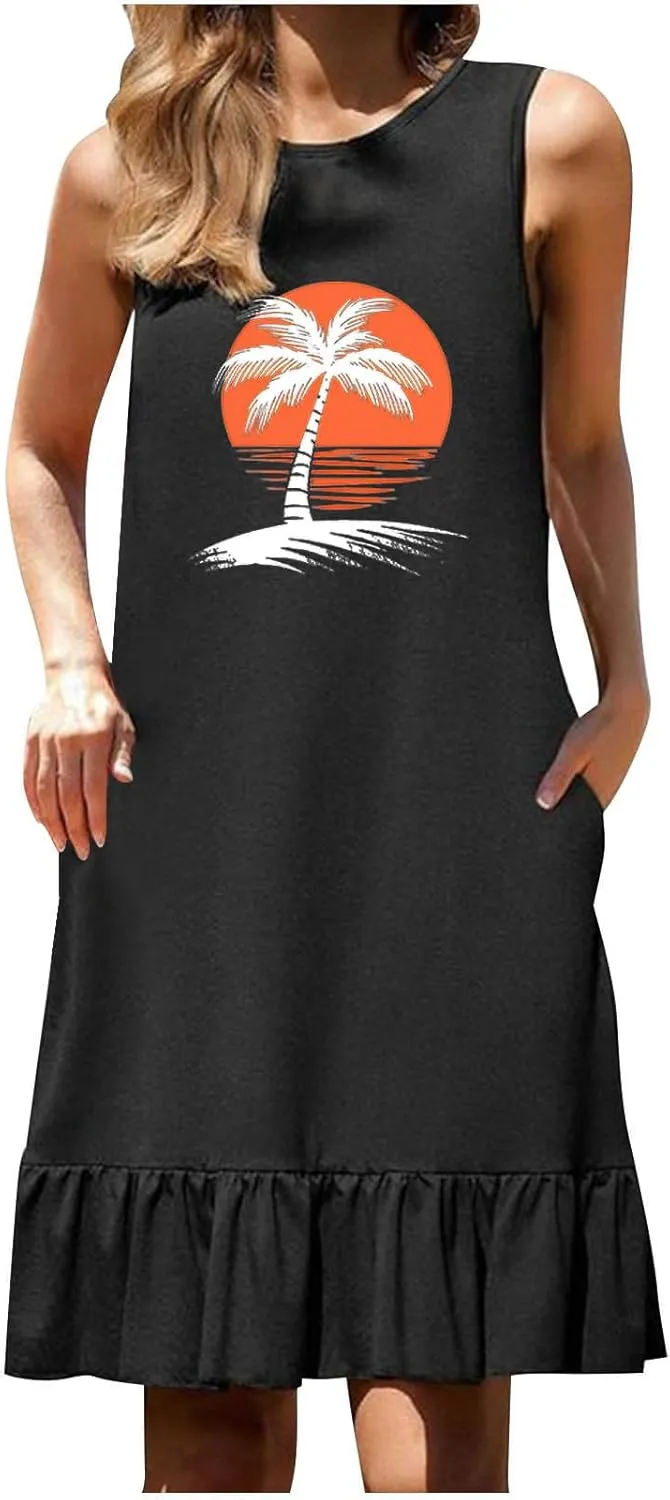 Summer Dresses for Women 2025 Sleeveless Crewneck Flowy Short Dress Trendy Graphic Loose Fit Dress