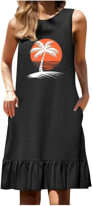 Summer Dresses for Women 2025 Sleeveless Crewneck Flowy Short Dress Trendy Graphic Loose Fit Dress