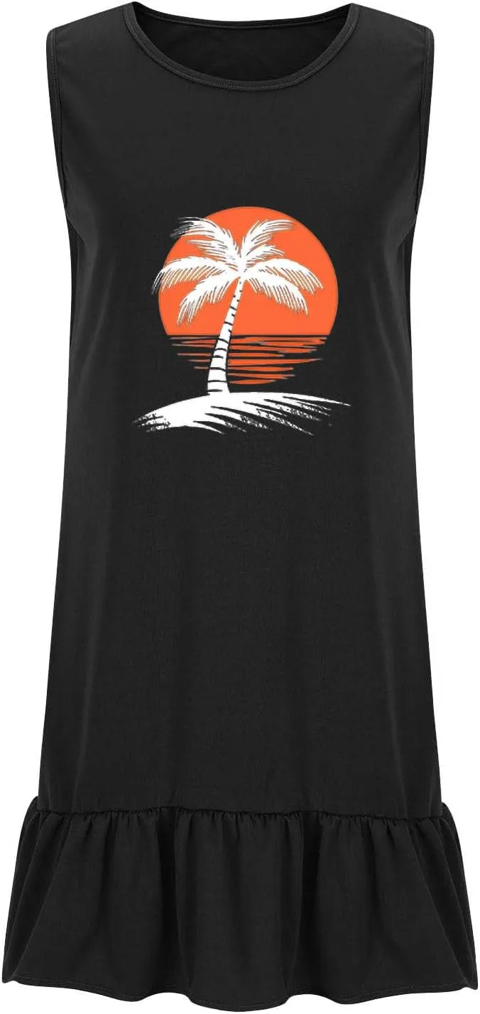 Summer Dresses for Women 2025 Sleeveless Crewneck Flowy Short Dress Trendy Graphic Loose Fit Dress