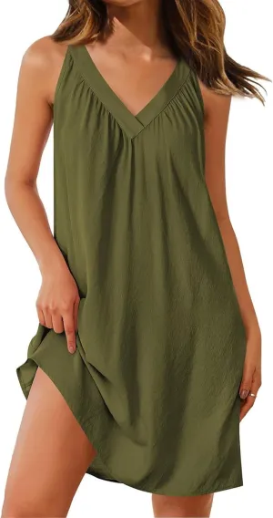 Summer Dresses for Women 2025 Sleeveless V Neck Dress Pleated Tank Mini Dress A-line Swing Loose Sexy Dresses