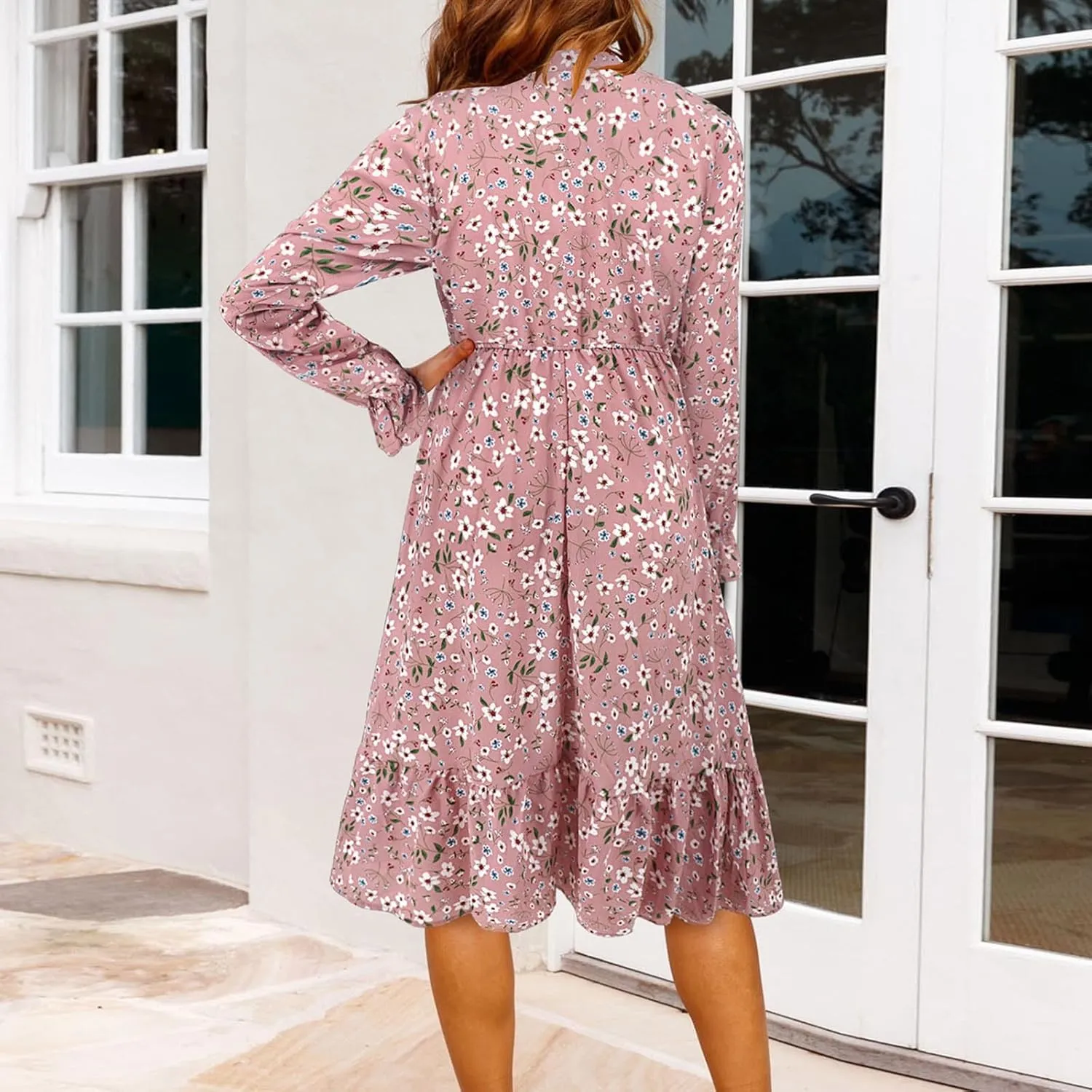 Summer Dresses for Women 2025 Trendy Bohemian Style Floral Midi Dress Long Sleeve Round-Neck Beach Casual Sundress