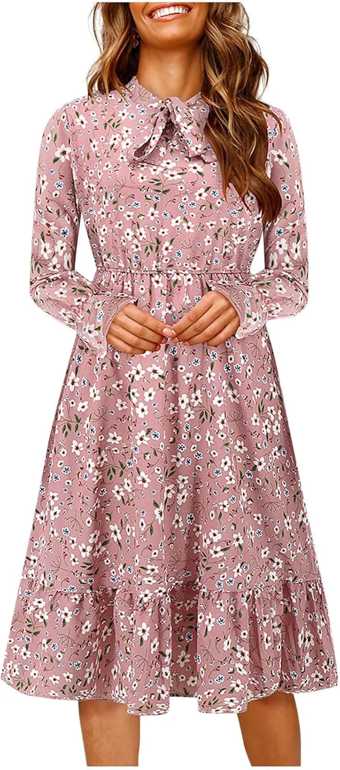 Summer Dresses for Women 2025 Trendy Bohemian Style Floral Midi Dress Long Sleeve Round-Neck Beach Casual Sundress