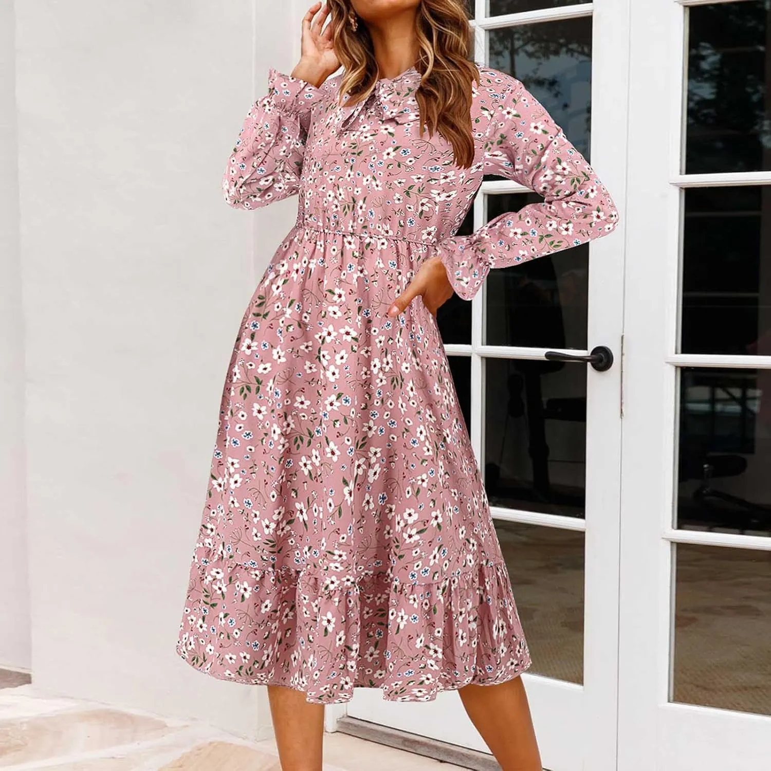 Summer Dresses for Women 2025 Trendy Bohemian Style Floral Midi Dress Long Sleeve Round-Neck Beach Casual Sundress