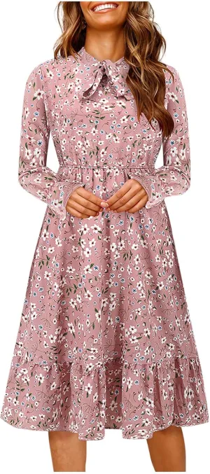 Summer Dresses for Women 2025 Trendy Bohemian Style Floral Midi Dress Long Sleeve Round-Neck Beach Casual Sundress