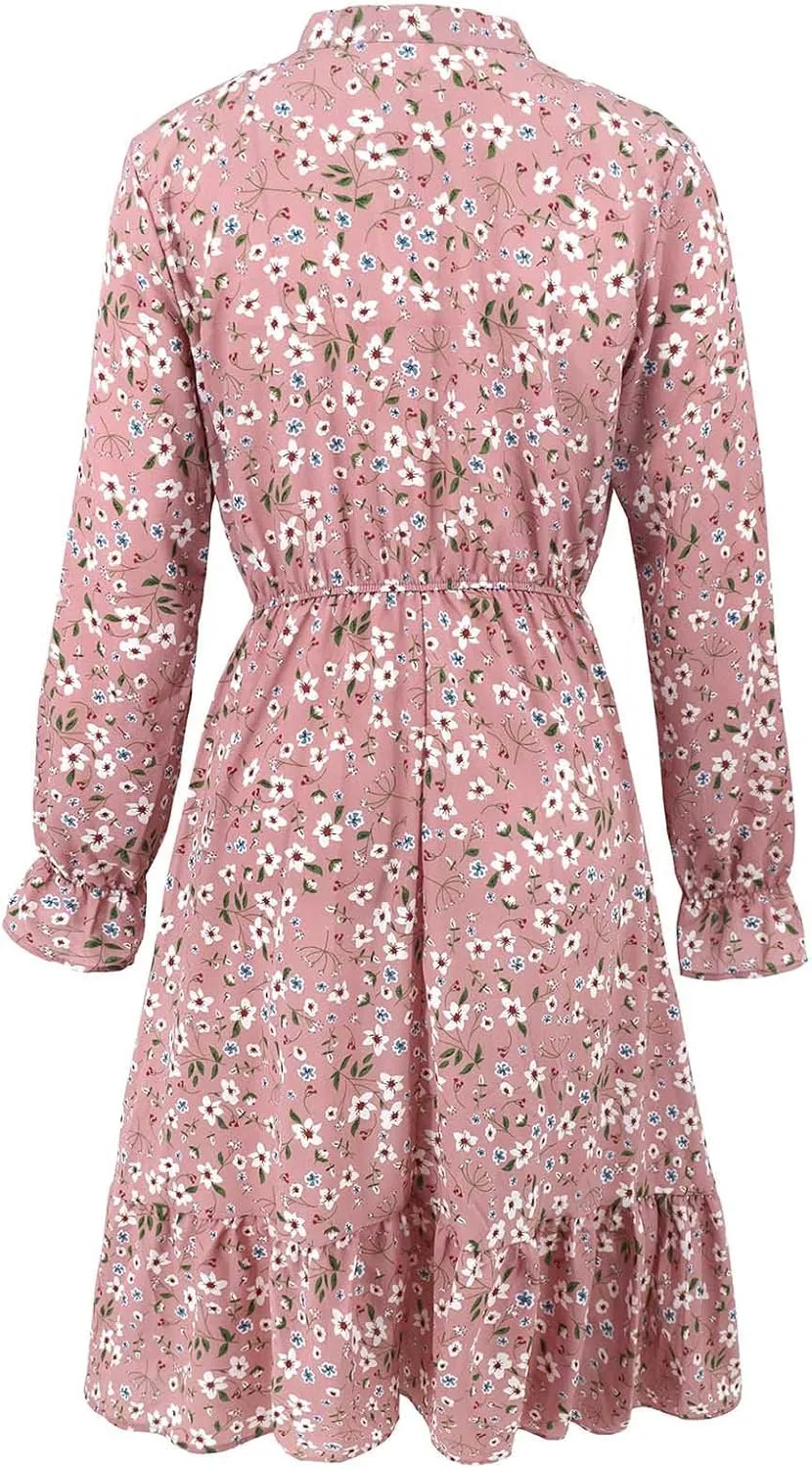 Summer Dresses for Women 2025 Trendy Bohemian Style Floral Midi Dress Long Sleeve Round-Neck Beach Casual Sundress