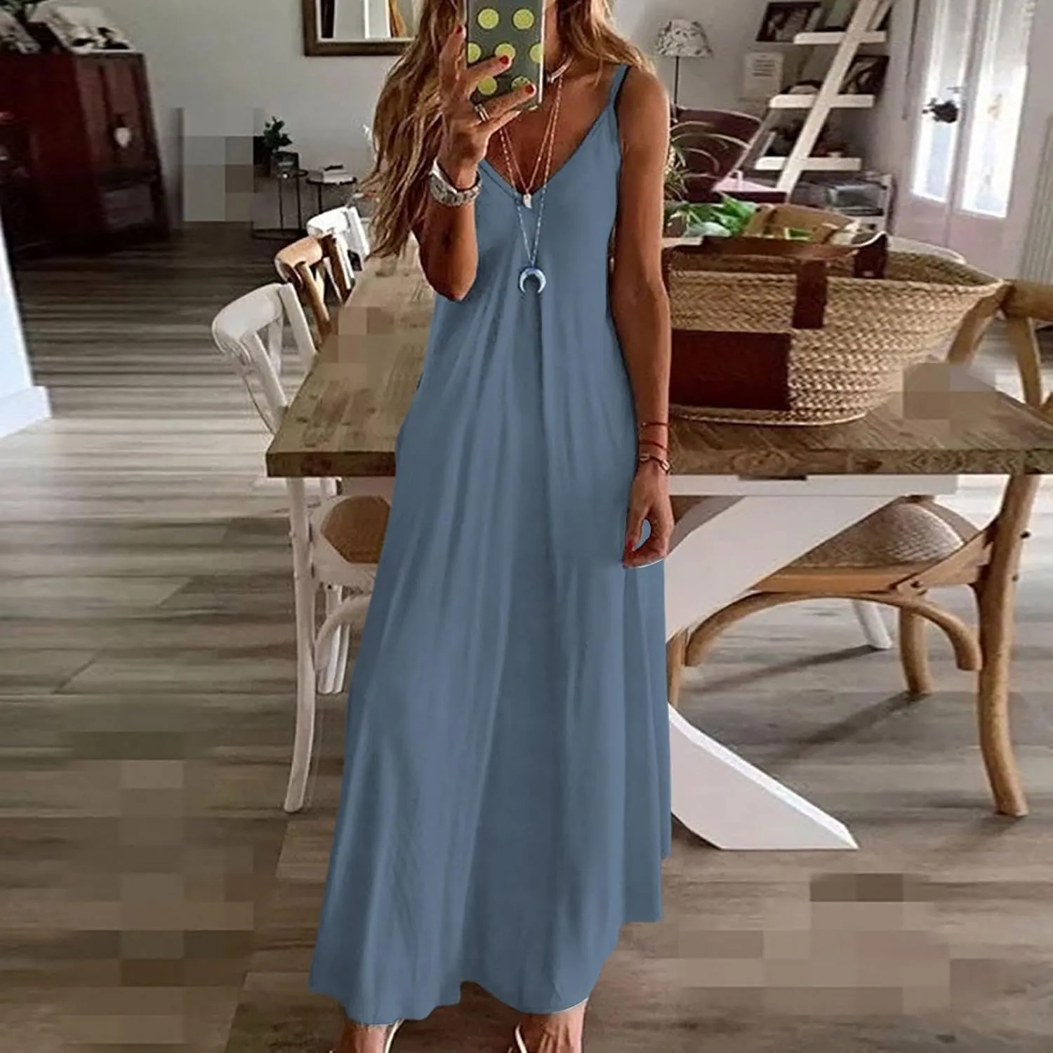 Summer Dresses for Women 2025 Trendy Boho Spaghetti with Polka Dot Tank Top Pleats Tiered Flowy Long Dress with