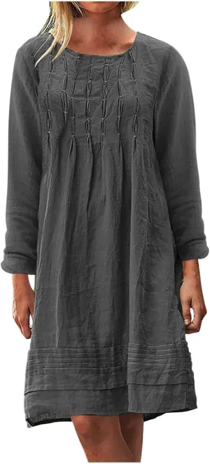 Summer Dresses for Women 2025 Vacation Cotton Linen Sundresses Casual Long Sleeve Crewneck Loose Boho Beach Clothes