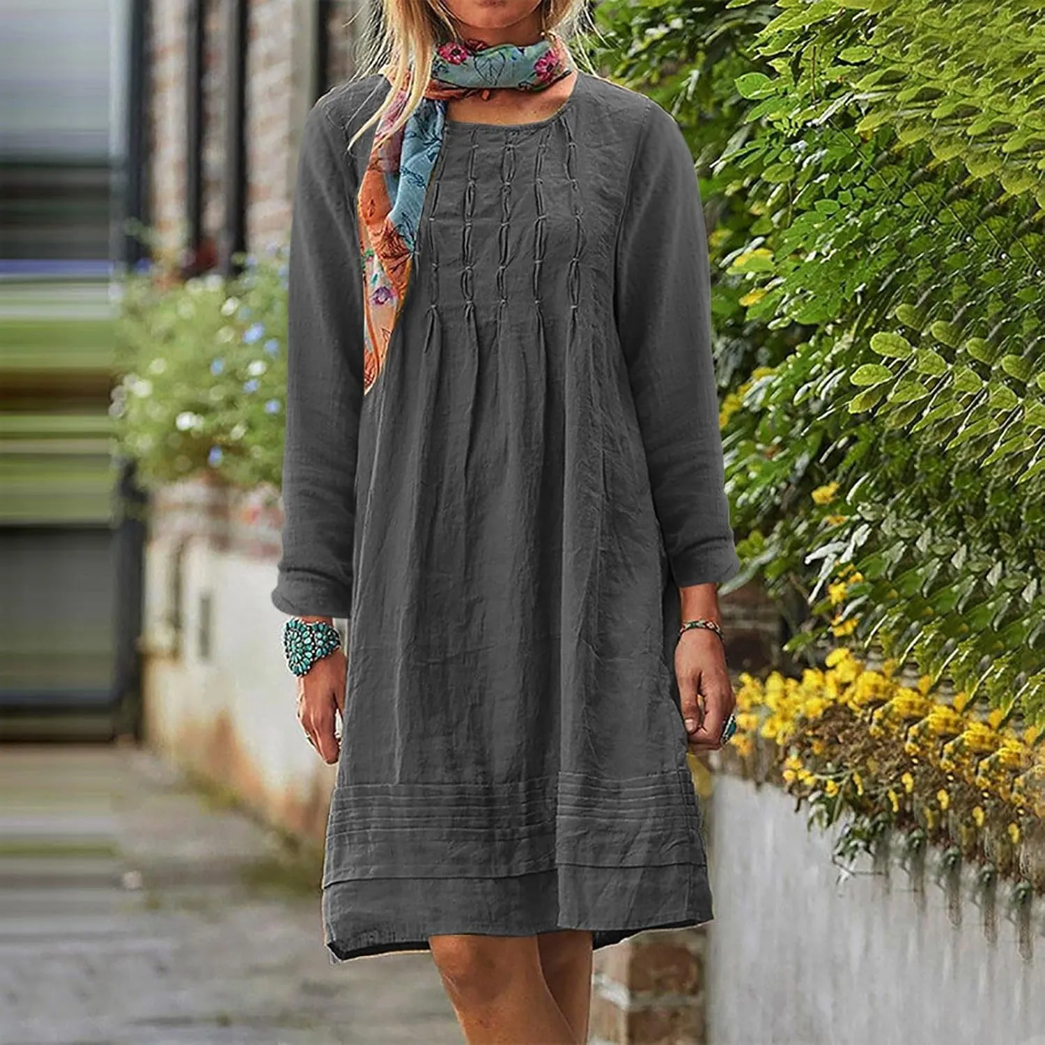 Summer Dresses for Women 2025 Vacation Cotton Linen Sundresses Casual Long Sleeve Crewneck Loose Boho Beach Clothes