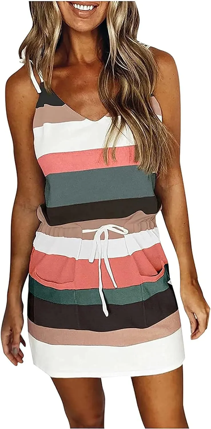 Summer Dresses for Women 2025 Vacation Striped Sleeveless Sling V Neck Drawstring Waisted Casual Sundresses Pockets