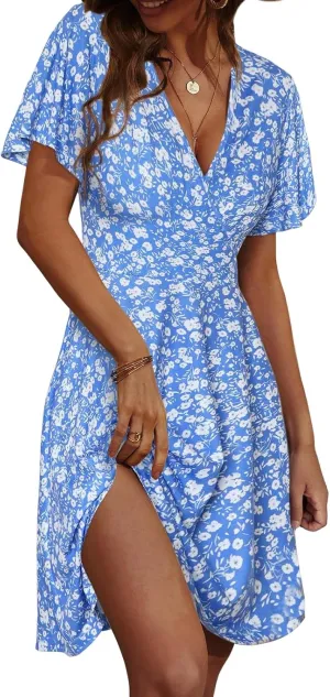 Summer Dresses for Women Floral Short Sleeve Wrap V Neck A-Line Midi Dress Boho Sundress Vacation Beach Outfits