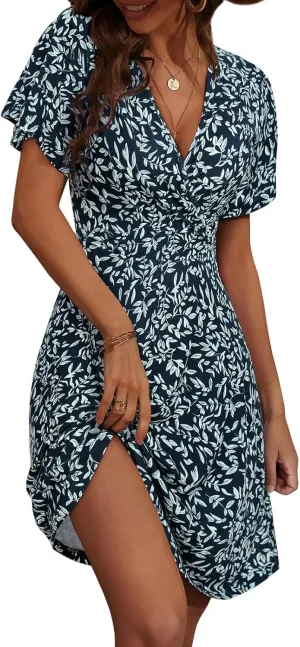 Summer Dresses for Women Floral Short Sleeve Wrap V Neck A-Line Midi Dress Boho Sundress Vacation Beach Outfits