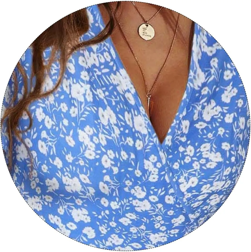 Summer Dresses for Women Floral Short Sleeve Wrap V Neck A-Line Midi Dress Boho Sundress Vacation Beach Outfits