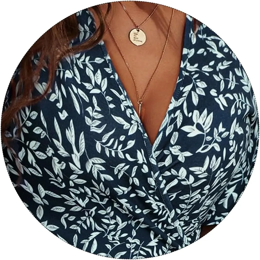 Summer Dresses for Women Floral Short Sleeve Wrap V Neck A-Line Midi Dress Boho Sundress Vacation Beach Outfits