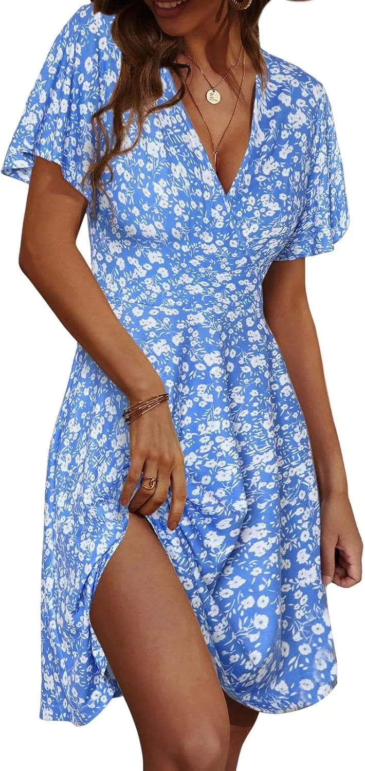 Summer Dresses for Women Floral Short Sleeve Wrap V Neck A-Line Midi Dress Boho Sundress Vacation Beach Outfits